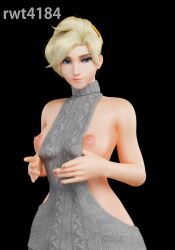 3d angela_ziegler blonde_hair blue_eyes breasts exposed_breasts exposed_nipples female flashing highres looking_at_viewer mercy nipples overwatch overwatch_2 pullover rwt4184 solo sweater virgin_killer_sweater