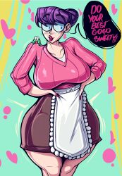 1girls apron big_breasts black_hair blush d3monone dialogue english_text eyebrows_visible_through_hair female female_only glasses hands_on_hips heart looking_at_viewer mama_(punch_punch_forever!) milf punch_punch_forever! red_lipstick round_glasses skirt smiling smiling_at_viewer solo speech_bubble sweater talking_to_viewer thick_thighs very_high_resolution wide_hips