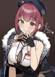 big_breasts blush cleavage heterochromia hololive hololive_fantasy hololive_japan houshou_marine multicolored_hair office_clothing ol_mahonanoka virtual_youtuber visible_bra vtuber