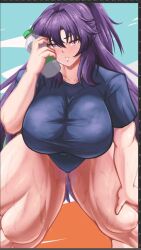 after_exercise blue_archive large_breasts millennium_science_school_student purple_hair roneesan sweat thick_thighs water_bottle yuuka_(blue_archive)