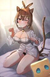 ahoge animal_ears bare_legs bed bed_sheet bell black_panties brown_eyes brown_hair cat_ears cat_girl cat_tail cleavage_cutout clothing_cutout curtains fan_mascot_(vtuber) feather_hair_ornament feathers female friend_(nanashi_mumei) hair_ornament hairclip highres hololive hololive_english hololive_english_-council- hololive_english_-promise- kotodekun lens_flare long_hair looking_at_viewer multicolored_hair nanashi_mumei one_eye_closed panties paw_pose pillow ponytail seiza shirt sitting smile streaked_hair tail underwear very_long_hair virtual_youtuber white_shirt