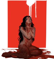 black_hair blood blood_on_hands blood_stain closed_mouth commentary completely_nude english_commentary facing_up female full_body hands_on_own_face highres long_hair navel necromilk nude on_floor original parted_lips sitting solo teeth