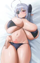 bra breasts bursting_breasts choker commission deka_(deka_4242) elf eye_patch huge_breasts lingerie lying navel overflowing_breasts panties plump pointy_ears sagging_breasts short_hair silver_hair thick_thighs