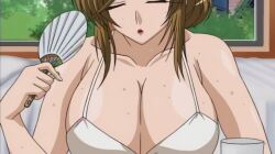 akizuki_sara animated bikini brown_hair closed_eyes curvy_figure hairclips kateikyoushi_no_onee-san large_breasts lipstick paper_fan sound sweating sweaty_body sweaty_breasts swimsuit tagme video voluptuous_female