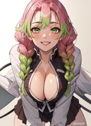 ai_generated big_breasts breasts busty cleavage demon_slayer demon_slayer_uniform green_eyes kanroji_mitsuri kimetsu_no_yaiba looking_at_viewer pink_hair smile stable_diffusion twin_braids