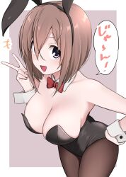 big_breasts brown_hair bunny_ears bunnysuit detached_cuffs ikari_manatsu kamihira_mao kurai_anoko_to_shitai_koto leaning_forward original_character peace_sign