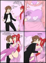 1boy 1boy1girl 1girls bed blue_eyes brown_eyes brown_hair carrying dialogue female genie_girl groping_breasts high_school_dxd honeymoon hyoudou_issei kissing magic male red_hair rias_gremory straight wedding_attire wedding_lingerie zronku