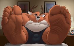 5_toes anthro bed bulge clothed clothing deer detailed_bulge dj-rodney feet foot_fetish foot_focus fur furniture horn humanoid_feet lying lying_on_bed male male_foot_fetish male_only mammal on_bed overweight overweight_anthro overweight_male paws plantigrade soles solo toes