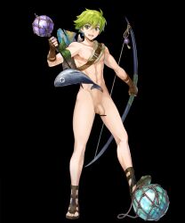 1boy arrow_(projectile) black_background bow_(weapon) censored codename_(user_mkxe3283) codename_edit completely_naked edit fingerless_gloves fire_emblem fire_emblem:_the_binding_blade fire_emblem_heroes fish gloves green_eyes green_hair looking_at_viewer male male_only naked naked_male nintendo nude_filter nude_male open_mouth penis sandals short_hair smile solo twink wolt_(fire_emblem) wolt_(summer)_(fire_emblem)