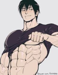 abs big_pecs black_shirt dark_hair jujutsu_kaisen lifting_shirt lip_scar looking_to_the_side male male_only muscular_arms muscular_male scar serratus serratus_anterior shirt shirt_lift shirt_only solo suyohara tight_clothing tight_fit toji_fushiguro underpec veins veiny_arms