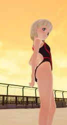 1girls 3d anita_bellman arms_behind_back ass big_ass blonde_hair female female_only gal_gun gal_gun_2 green_eyes legs looking_at_viewer looking_back one-piece_swimsuit petite short_hair smile solo swimsuit thighs