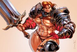 1girls androgynous armor bikini_armor blue_eyes clothed clothing commission cropped_legs crotch_plate earrings extreme_muscles hair_bun holding_object holding_weapon human hyper_muscle hyper_muscles jed_dougherty karmella_(elyobobo) light_skin mostly_nude muscular_female nail_polish nipples original parted_bangs pecs pectorals penis pierced_nipples red_hair simple_background solo standing tiara vambraces vein veiny_muscles watermark