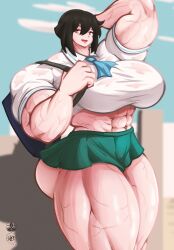 abs brand_new_animal hands_behind_head hyper_breasts hyper_muscles michiru_kagemori muscular_female roneesan school_uniform