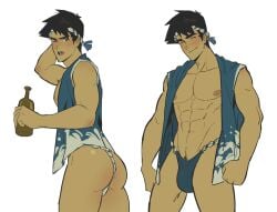 abs alcoholic_drink blush bubble_ass bubble_butt bulge bulge_through_clothing collarbone dark_hair fundoshi hachimaki lad looking_back male male_nipples male_only muscular_male pecs pubic_hair smiling solo toumaart v-line