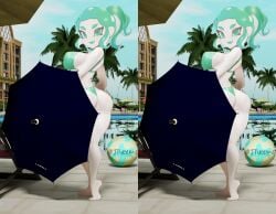 1girls 3d 3rd_party_edit ass bikini breasts edit edited female female_only green_eyes green_hair jtveemo looking_at_viewer octoling octoling_girl ponytail pool poolside solo splatoon stereogram umbrella