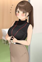 big_breasts blush lanyard office_lady ol-chan_(ol_mahonanoka) ol_mahonanoka original pencil_skirt ponytail skirt tight_clothing