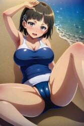 1girls ai_generated beach big_breasts black_hair blush breasts cameltoe clothed embarrassed female female_focus female_only foopanthia grey_eyes huge_breasts kirigaya_suguha legs legs_apart looking_at_viewer one-piece_swimsuit open_mouth sand spread_legs sunlight swimsuit sword_art_online thick thick_thighs thighs water