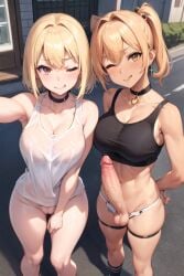 ai_generated big_breasts big_penis blonde_hair bottomless choker fit_futanari futa_with_female futanari looking_at_viewer original promptchan selfie smile stable_diffusion tank_top wet_shirt white_skin