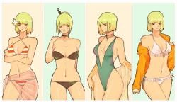 bikini black_bikini blonde_hair bob_cut choker cleavage crossed_arms facial_scar female female_only flower_in_hair gintama hoodie kunai looking_at_viewer medium_breasts multiple_outfits off_shoulder one-piece_swimsuit sarong scar short_hair shouinoue striped_bikini swimsuit tied_hair tsukuyo white_bikini