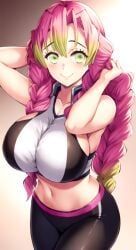 ai_generated big_breasts demon_slayer dezgo_ai huge_breasts kanroji_mitsuri kimetsu_no_yaiba smile sports_bra sportswear