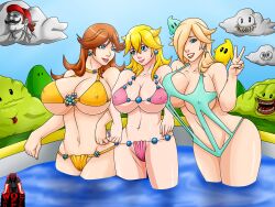 3girls bikini breasts female luma mario mario_(series) multiple_girls nintendo outdoors princess_daisy princess_peach princess_rosalina super_mario_bros. war-off-evil