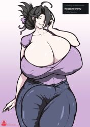 1futa black_hair breasts bulge cleavage clothed clothing english_text flaccid fully_clothed futa_only futanari gigantic_breasts himeka_ayuranie huge_cock human light-skinned_futanari light_skin milf nipple_bulge penis roneesan solo standing text thick_thighs twitter