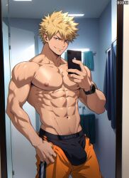 1boy 1man abs aged_up ai_generated bathroom bathroom_selfie biceps big_bulge black_underwear blonde_hair bobsi bulge bulge_through_clothing collarbone deltoids gay katsuki_bakugou male male_nipples male_only mirror_selfie muscular_arms muscular_male my_hero_academia pecs pubic_hair serratus serratus_anterior smile solo spiky_hair tight_pants_(meme) trapezius underwear v-line watch wrist_watch yellow_eyes