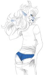 1girls askvriskaserket-nsfw ass blue_blush deep_blush fangs homestuck horns looking_at_viewer looking_back looking_back_at_viewer panties pulling_down_pants rear_view troll vriska_serket