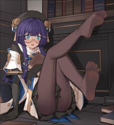 1girls ankles blue_eyes blush blushing_profusely book feet feet_fetish feet_focus feet_in_stockings feet_up female foot_fetish glasses high_resolution highres honkai:_star_rail honkai_(series) leaning_back leaning_on_hand leggings legs legs_up light_blue_eyes long_hair nonude panties pantyhose pela_(honkai:_star_rail) purple_hair sitting skirt skirt_up stockings thighs toes xssh