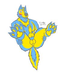 animal_genitalia animal_penis anthro anus ass balls blue_and_yellow blue_body blue_fur blush canid canine canine_genitalia canine_penis canis claws digitigrade_heels digitigrade_paws erection facial_hair finger_claws fur genitals goatee hair hi_res holding_both_legs inner_ear_fluff looking_at_viewer lying male male_foot_fetish male_only mammal neckfluff nude on_back pawpads penis presenting presenting_anus presenting_hindquarters sheath simple_background smile solo suggestive_pose tail toe_claws tuft turbo_(turbo_arts) turbo_arts wolf yellow_body yellow_fur