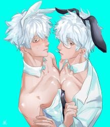 2boys adapted_costume alternate_costume blue_background blush bunny_boy bunny_ears bunnysuit cigarette class_3-z detached_collar dual_persona gintama gintoki_sakata glasses labcoat looking_at_viewer male male_only male_playboy_bunny pecs red_eyes smoking susu_gntm sweatdrop upper_body white_hair