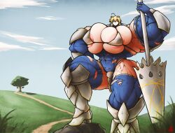 abs artoria_pendragon balls balls_bra breasts extreme_muscles fate_(series) female gigantic_breasts huge_areolae male muscles muscular muscular_female roneesan spear thick_thighs torn_clothes