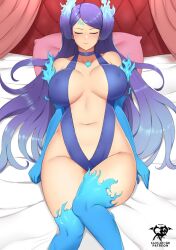 1girls bed belly belly_button big_breasts bikini blue_hair breasts brighid_(xenoblade) closed_eyes core_crystal curvy fire flaming_hair kaos_art nintendo pillow sideboob sling_bikini swimsuit thick_thighs thighs xenoblade_(series) xenoblade_chronicles_2