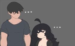 ... 1boy 1girls 2023 annoyed annoyed_expression black_eyes black_hair duo duo_focus female fully_clothed grey_background imminent_sex larger_male long_hair looking_at_partner male original original_character short_hair size_difference smaller_female vammzu