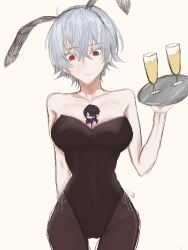 1boy 1girls between_breasts big_breasts bunny_ears bunny_girl bunnysuit canon_genderswap genderswap_(mtf) ginko_sakata gintama gintoki_sakata male miniboy oheeee00 pantyhose playboy_bunny red_eyes rule_63 short_hair silver_hair takasugi_shinsuke tray very_short_hair wine wine_glass