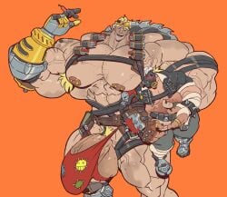 abs armpit armpit_hair biceps blonde_hair bulge flaccid huge_bulge human hyper_cock hyper_genitalia hyper_penis junkrat male_only muscle muscles muscular muscular_arms muscular_male muscular_thighs nipples overwatch overwatch_2 pecs remert roadhog size_difference sweat sweating sweaty_body thick_thighs veiny_penis