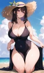 1girls ai_generated beach black_hair blush breasts dress female hat hips huge_breasts light-skinned_female light_skin long_hair naughty_face original original_character outdoors purple_eyes slim_waist stable_diffusion stuffyai thick_thighs thighs wide_hips