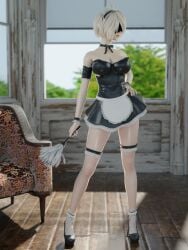 1girls 3d 3d_(artwork) black_blindfold blindfold breasts daz_studio fakemodeo female female_only french_maid hand_on_hip inside light-skinned_female light_skin maid maid_headdress maid_uniform nier nier:_automata nier_(series) thighs white_hair xnalara yorha_2b