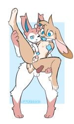 alrecsolus anthro carrying_another chastity_cage chastity_device duo eeveelution erection generation_6_pokemon heart_(marking) hi_res lagomorph leporid looking_at_another looking_at_partner looking_down male male/male mammal nintendo pokemon pokemon_(species) rabbit raised_leg restrained sylveon