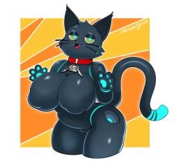 808_(hi-fi_rush) absurd_res anthro anthrofied big_breasts black_body blue_pawpads breasts collar cute cute_face cute_fangs domestic_cat eyelids featureless_breasts featureless_crotch felid feline felis female female_only half-closed_eyes hi-fi_rush hi_res huge_breasts looking_at_viewer machine mammal narrowed_eyes nude open_mouth pawpads robot sem-l-grim slightly_chubby solo solo_female whiskers