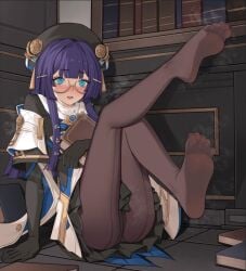 1girls ankles blue_eyes blush blushing_profusely book feet feet_focus feet_up feet_visible_through_clothing female foot_fetish glasses high_resolution highres honkai:_star_rail honkai_(series) leaning_back leaning_on_hand leggings legs legs_up light_blue_eyes long_hair musk musk_clouds panties pantyhose pela_(honkai:_star_rail) purple_hair sitting skirt skirt_up soles_of_feet_in_stockings sweat thighs toes toes_visible_through_clothing xssh