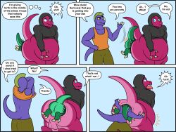 ambiguous_fluids anal anal_vore anthro balls belly birth body_invasion clothing comic dialogue dinosaur duo gay genitals hi_res hoodie humor labor male male/male male_pred nude pregnant pregnant_male reptile rub_lug_(furry) scalie shy speech_bubble text topwear vore