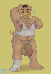 2022 4_fingers animal_crossing anthro armpit_hair balls barefoot big_balls big_nipples big_penis black_hair blush body_hair bottomless bottomless_male brown_body chest_hair clothed clothing digital_media_(artwork) domestic_pig feet fingers flaccid footwear foreskin genitals grin hair hairy_balls hi_res humanoid_genitalia humanoid_penis long_foreskin male male_only mammal navel nintendo nipples penis pubes shirt simple_background slightly_chubby slightly_chubby_anthro slightly_chubby_male smile socks solo spork_(animal_crossing) standing sugaryhotdog suid suina sus_(pig) tank_top teeth topwear unretracted_foreskin