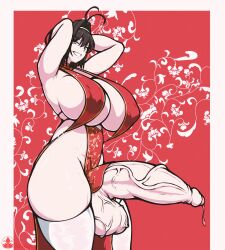 1futa balls black_hair breasts china_dress clothed clothing dress erection futa_only futanari hands_behind_head huge_balls huge_breasts huge_cock human hyper_breasts hyper_penis light-skinned_futanari light_skin lunar_new_year mostly_nude nipple_bulge pelvic_curtain penis putri_aruna roneesan short_hair sideboob skindentation solo standing thick_thighs thighhighs wide_hips