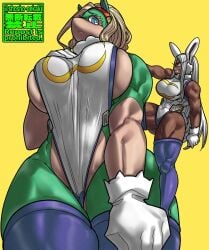 2girls big_breasts blonde_hair boku_no_hero_academia dark-skinned_female dark_skin female female_only giantess greem_skin green_body green_skin huge_breasts ippan_josei large_breasts macro miruko miruko_(cosplay) my_hero_academia shosho_oekaki sideboob size_difference size_play thick_thighs thighhighs thighs usagiyama_rumi white_hair wide_hips