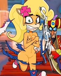 blonde_hair breasts coco_bandicoot crash_(series) edit embarrassed_nude_female enf flower_in_hair green_eyes hands_on_breasts human lab_assistant_(crash_series) looking_at_viewer looking_surprised nude pussy ripped_clothing surprised theeyzmaster