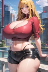 ai_generated bimbo bimbo_body cleavage gravion huge_breasts midriff smiling tachibana_mizuki the_hotshot thick_thighs thong_above_shorts wide_hips