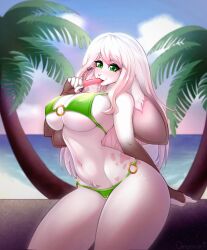 2023 anthro bikini biped blush breasts camel_toe cleavage clothed clothing cloud digital_media_(artwork) eyebrow_through_hair eyebrows eyelashes facial_blush female floppy_ears food green_bikini green_clothing green_eyes green_swimwear hair hi_res holding_food holding_object holding_popsicle inner_ear_fluff lagomorph leporid long_hair looking_at_viewer lop_ears mammal navel nipple_outline onomari palm_tree plant popsicle popsicle_in_mouth rabbit sand sea shaded sky solo standing swimwear thick_thighs translucent translucent_hair tree tuft water