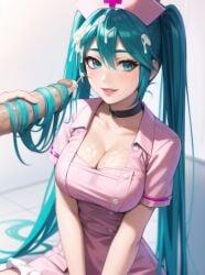 1boy1girl ai_generated aqua_eyes aqua_hair bukkake choker cleavage cum cum_on_breasts cum_on_hair hair_fetish hairjob hatsune_miku large_breasts nurse nurse_uniform pink_lips stable_diffusion twintails very_long_hair vocaloid