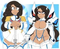 belly belly_bulge black_hair blue_background breasts chubby chubby_female cosplay innie_belly_button junketsu kill_la_kill kiryuuin_satsuki_(cosplay) lizielewddle lizielewddle_(character) muffin_top solo tagme tummy